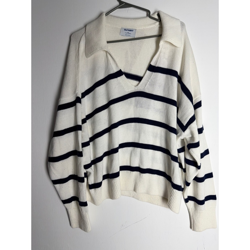 Old Navy Striped Polo Sweater XXL Cream Navy Blue V-Neck Coastal Preppy Knit